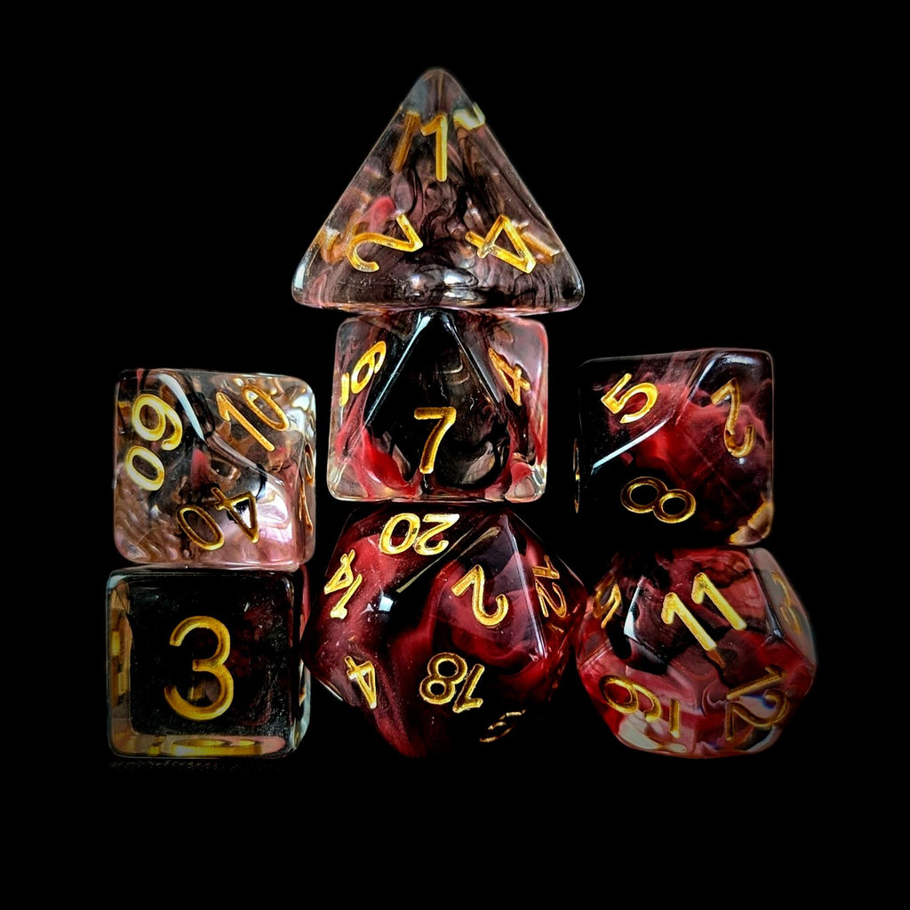 Black & Red Swirl in Clear Resin - 7pcs RPG Full Dice Set