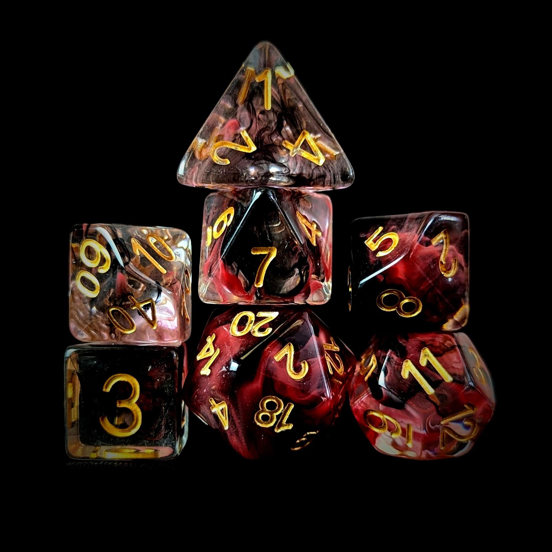 Black & Red Swirl in Clear Resin - 7pcs RPG Full Dice Set