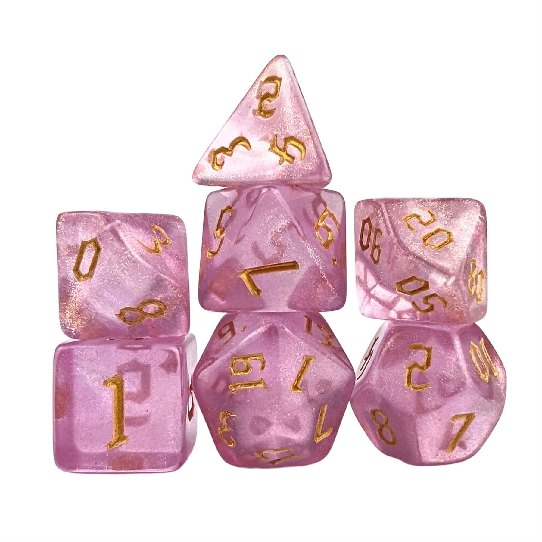 Glitter in Clear Pink Acrylic - 7pcs RPG Full Dice Set