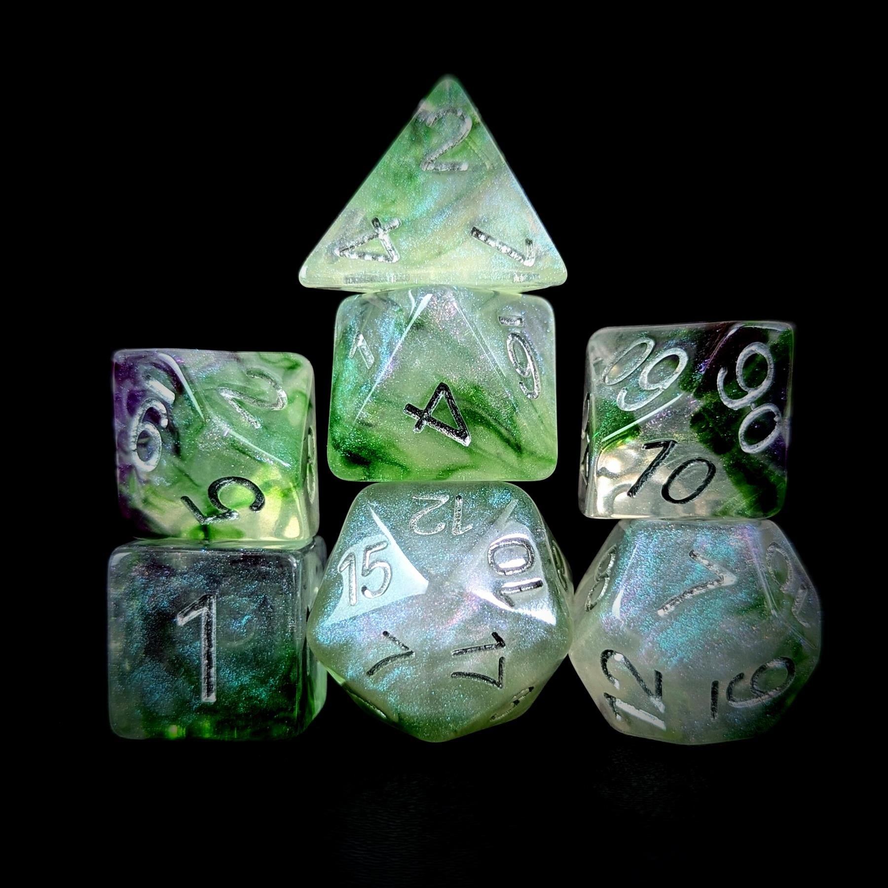 Glitter in White & Purple with Green Resin - 7pcs RPG Full Dice Set
