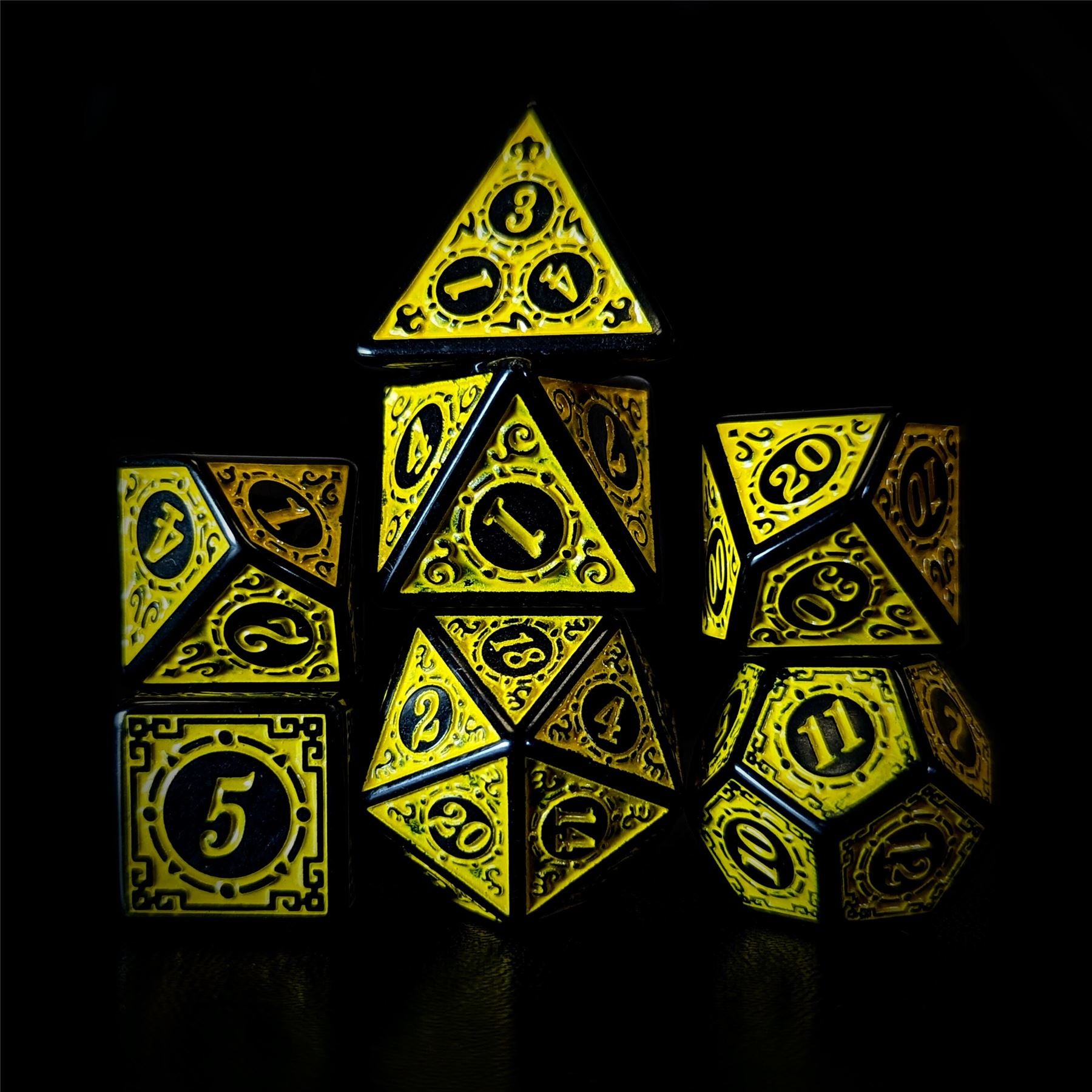 Yellow Lattice on Black Acrylic - 7pcs RPG Full Dice Set