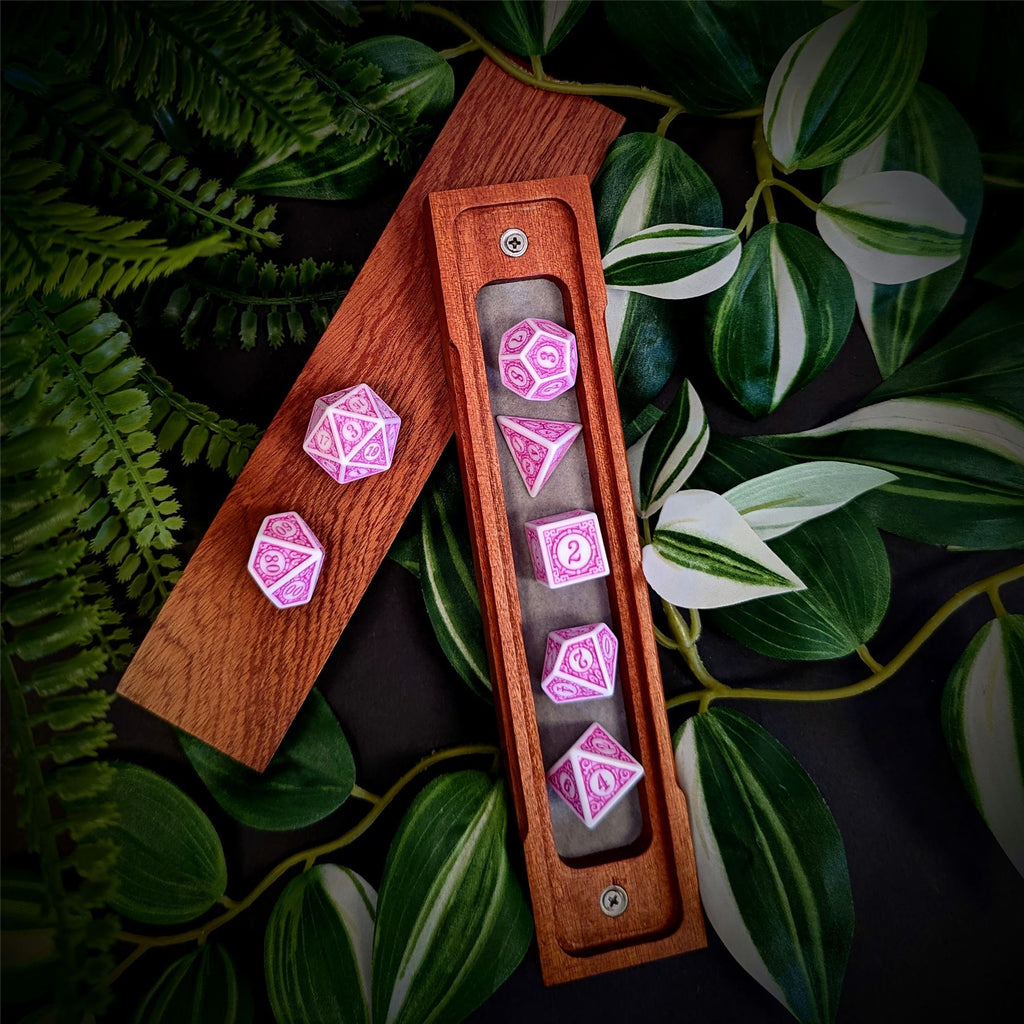 Pink Lattice on White Acrylic - 7pcs RPG Full Dice Set