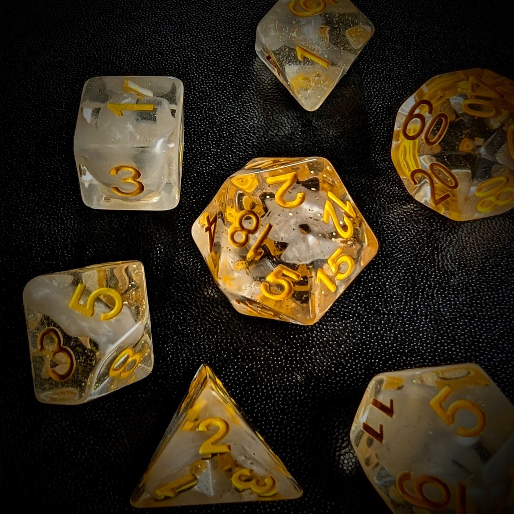White Swirl in Clear Resin - 7pcs RPG Full Dice Set