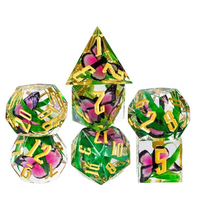 Pink Butterfly in Clear Filled Sharp Resin - 7pcs RPG Dice Set