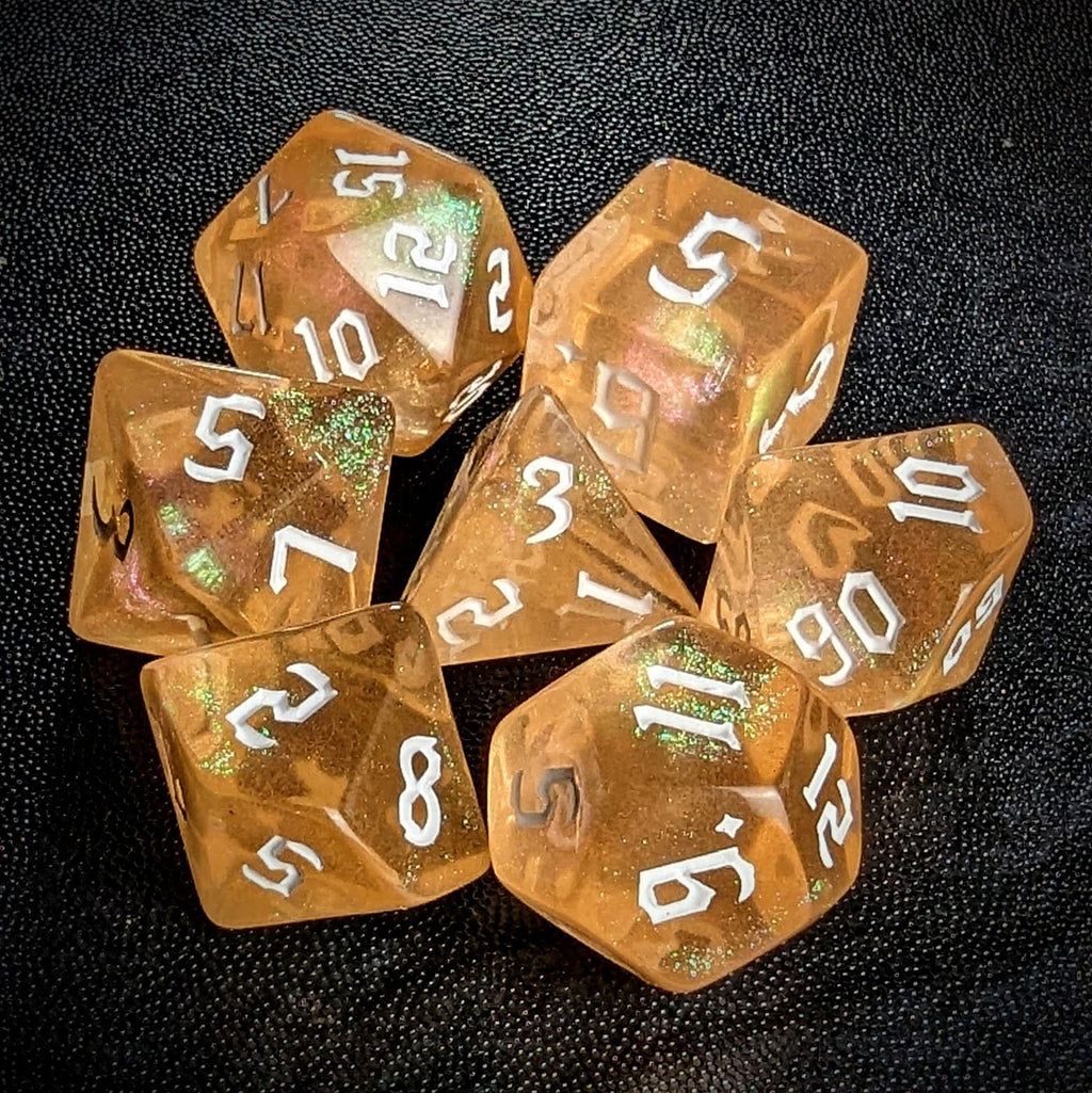 Glitter in Clear Orange Acrylic - 7pcs RPG Full Dice Set