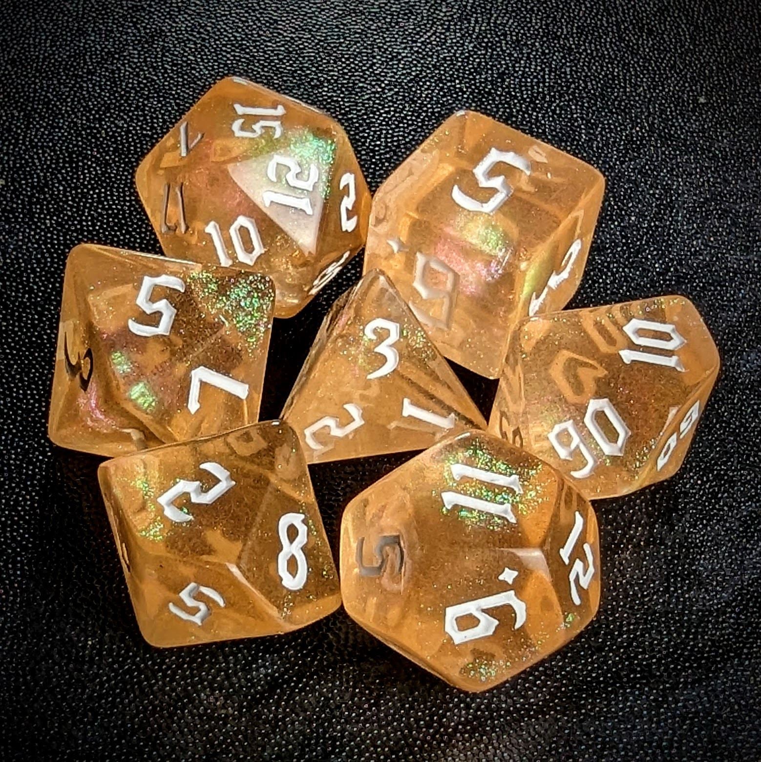 Glitter in Clear Orange Acrylic - 7pcs RPG Full Dice Set