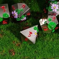 Pink Lotus Flower in Silver Metal - 7pcs RPG Dice Set