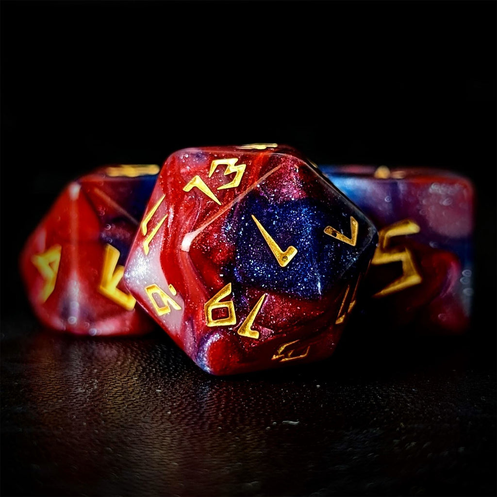 Glitter in Blue & Red Acrylic - 7pcs RPG Full Dice Set