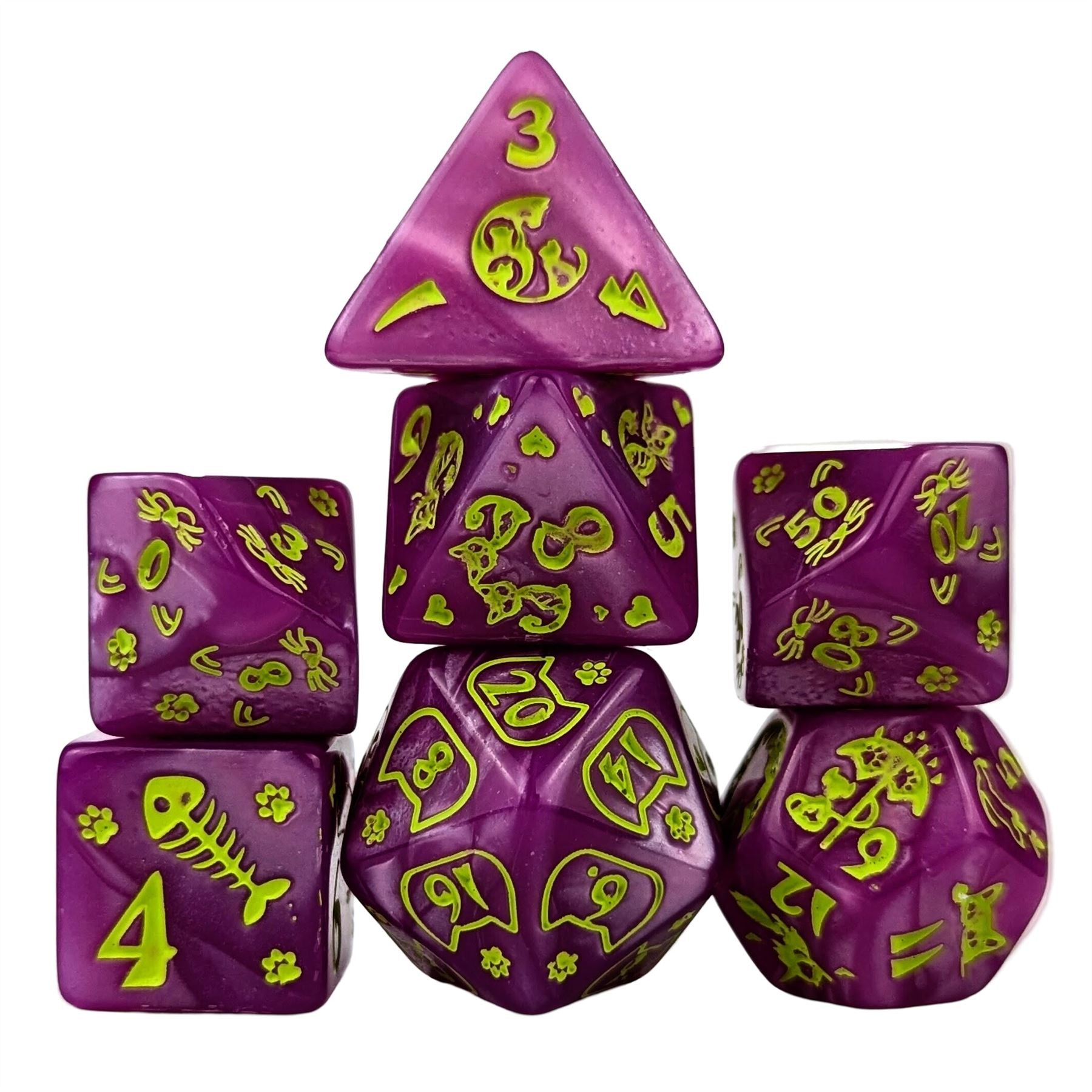 Yellow Cats on Pink Acrylic - 7pcs RPG Full Dice Set