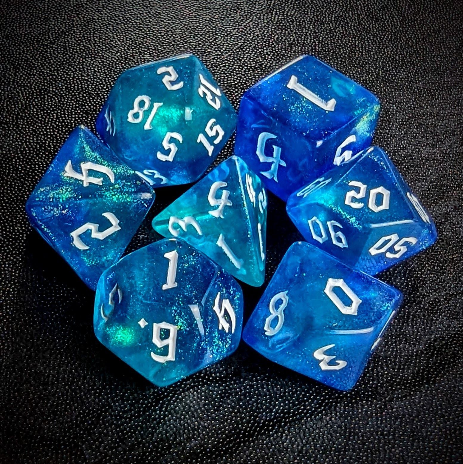 Glitter in Blue & Cyan Acrylic - 7pcs RPG Full Dice Set