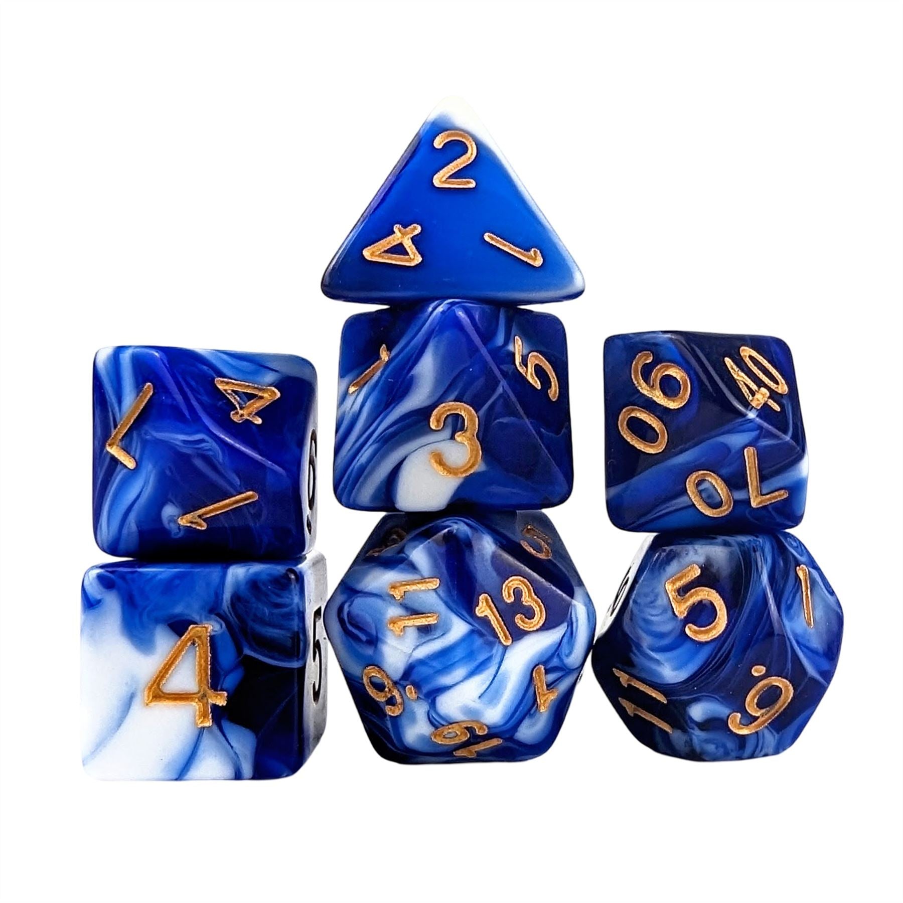 Blend of White & Royal Blue Acrylic - 7pcs RPG Full Dice Set