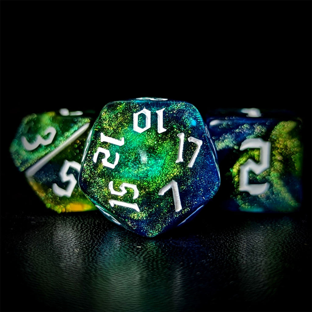 Glitter in Blue & Yellow Acrylic - 7pcs RPG Full Dice Set