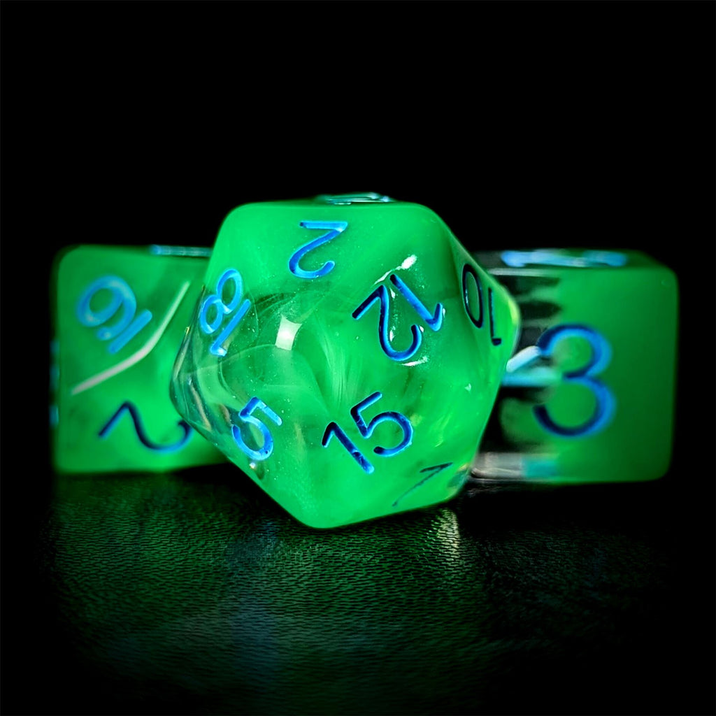 Green Swirl in Clear Resin - 7pcs RPG Full Dice Set