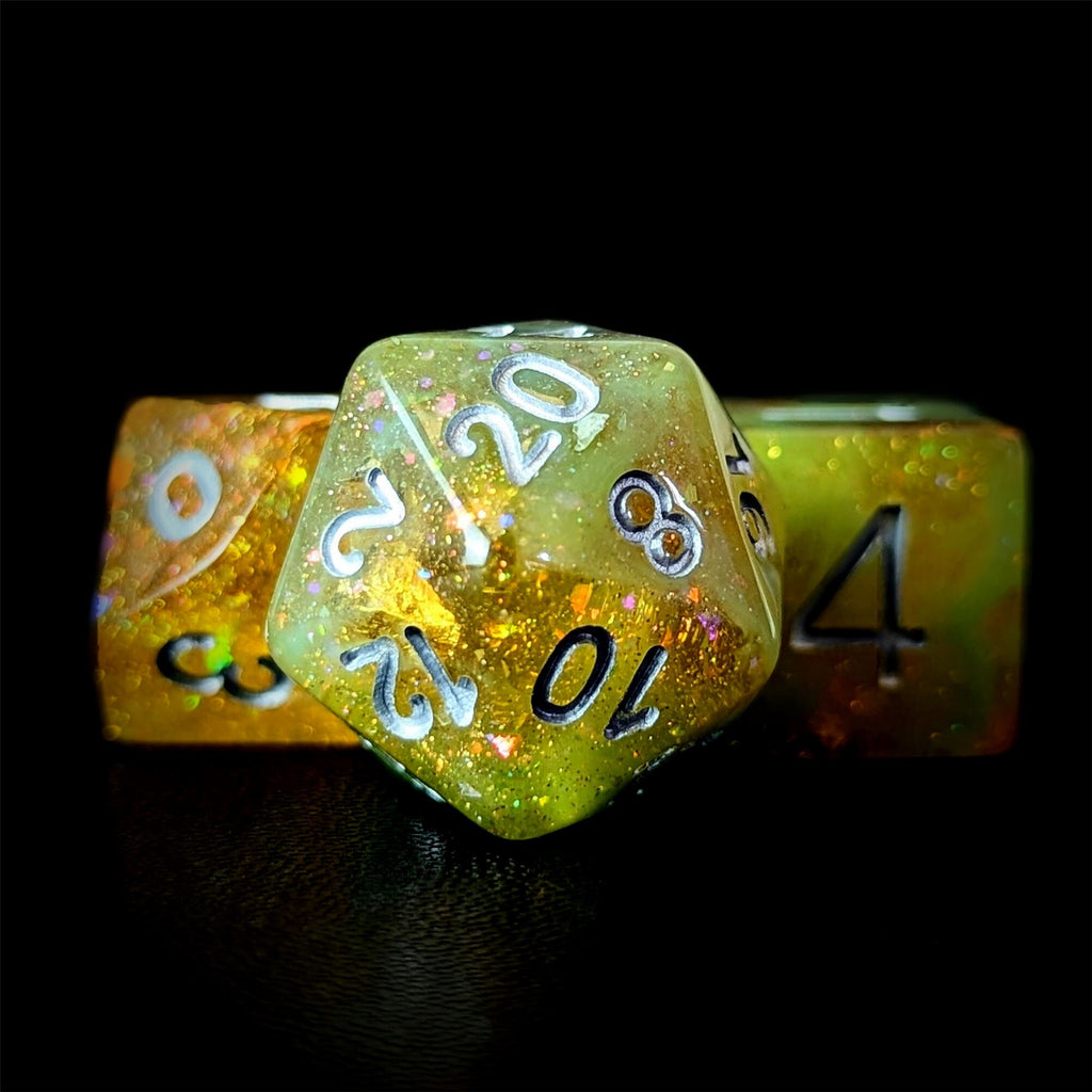 Glitter in Orange & Cyan Resin - 7pcs RPG Full Dice Set
