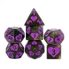 7pcs Dice Resin Pattern Hearts Purple Font Black