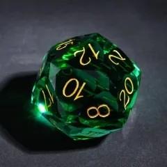 D20 30mm Dice Gem Glass Facet Gold Font Green