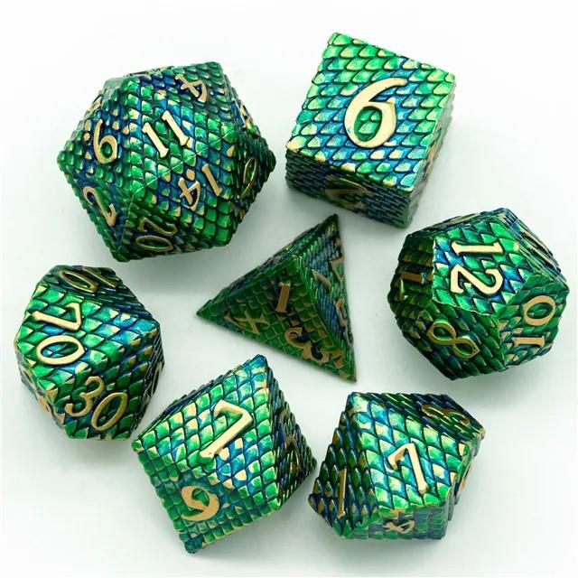 Green & Gold Dragon Scale Metal - 7pcs RPG Dice Set