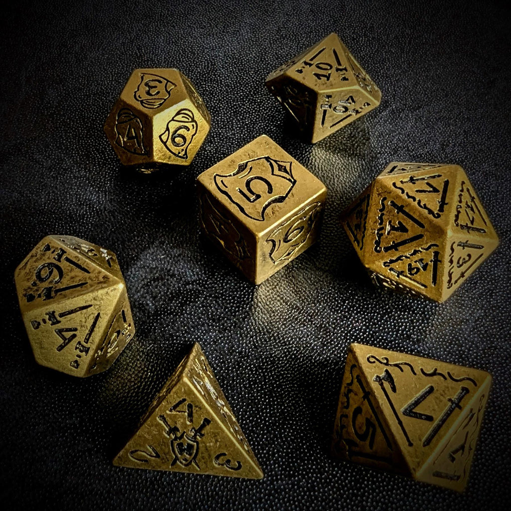 7pcs RPG Full Dice Set - Black Pattern on Gold Resin