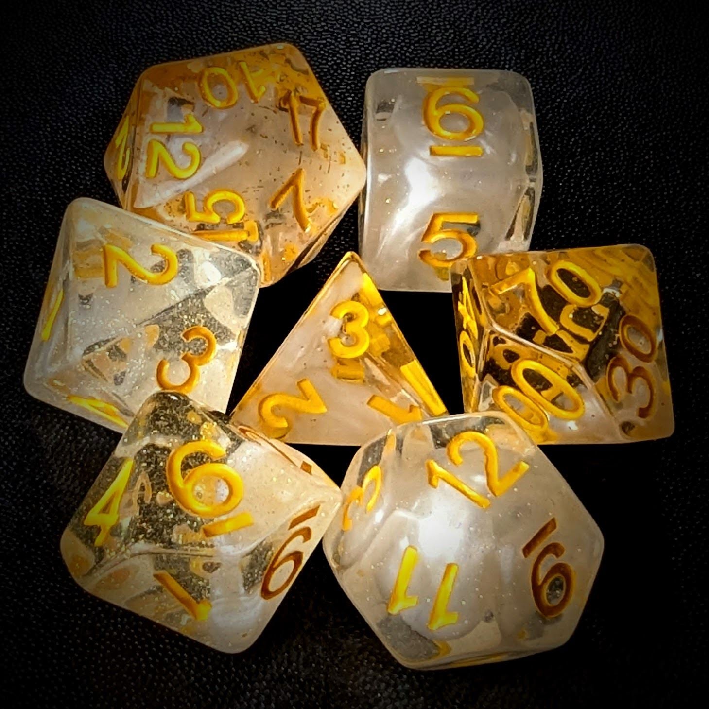 White Swirl in Clear Resin - 7pcs RPG Full Dice Set