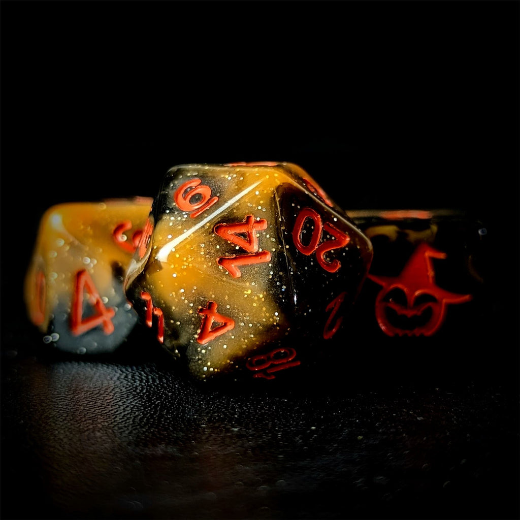 Glitter in Black & Orange Acrylic - 7pcs RPG Full Dice Set