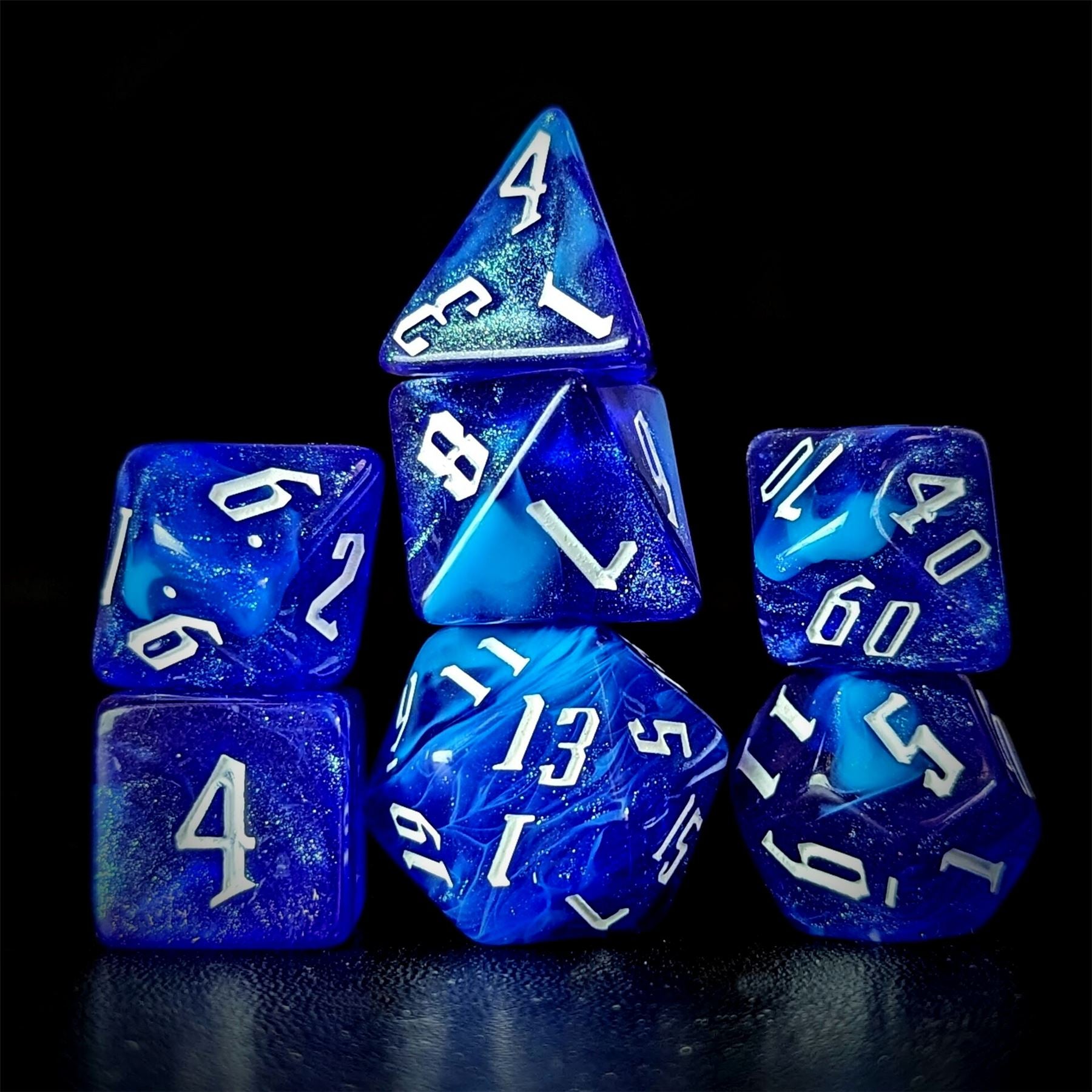 Glitter in Royal Blue & White Acrylic - 7pcs RPG Full Dice Set