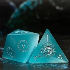 Runes on Blue Cat Eye Gemstone - 7pcs RPG Dice Set