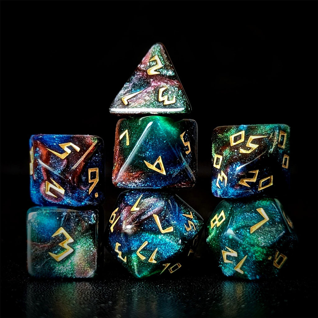Glitter in Green & Blue Acrylic - 7pcs RPG Full Dice Set
