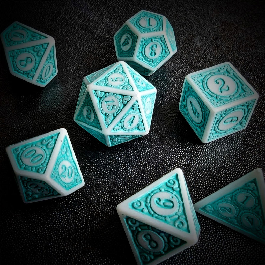 Cyan Lattice on White Acrylic - 7pcs RPG Full Dice Set