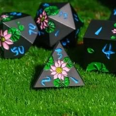 Pink Lotus Flower in Nickel Metal - 7pcs RPG Dice Set