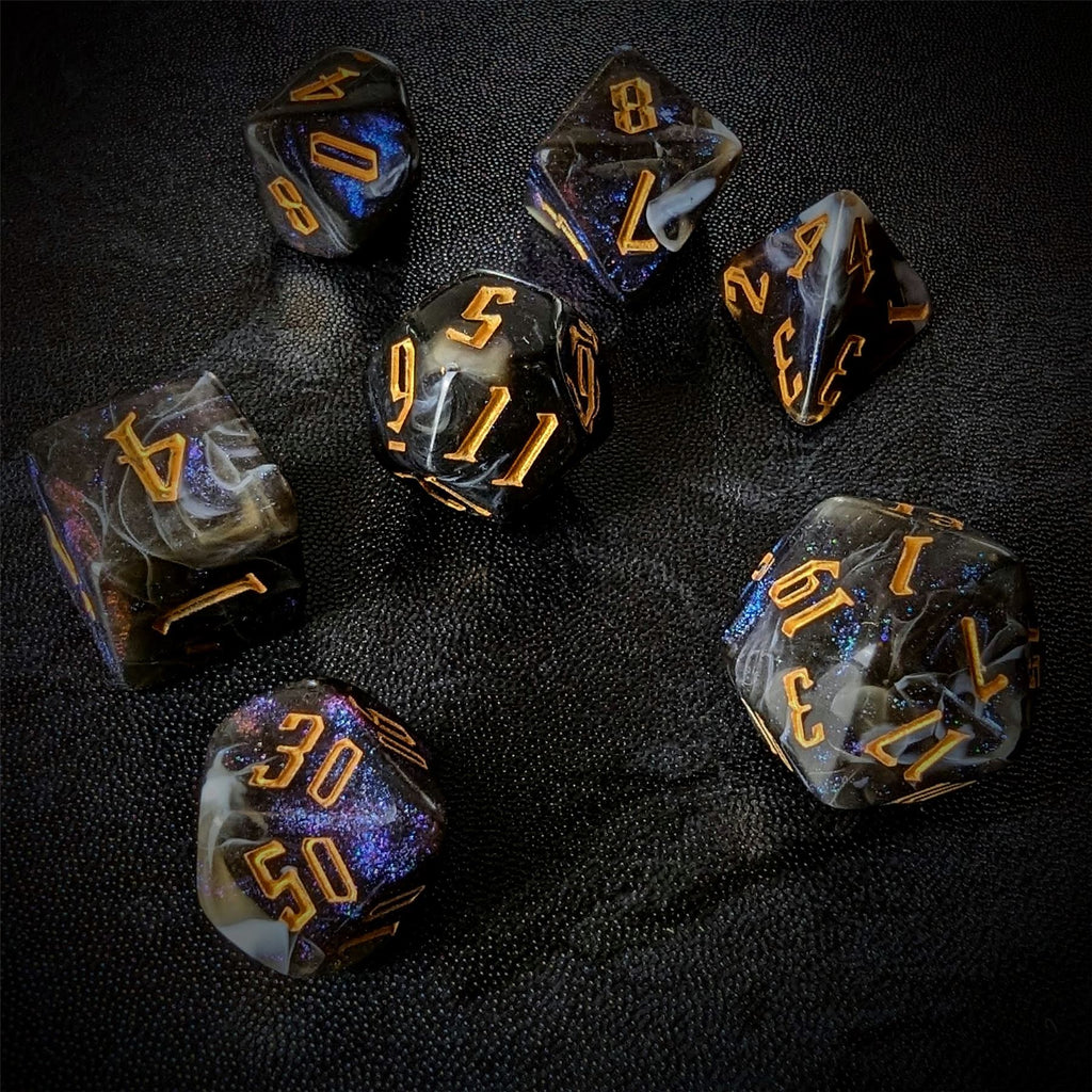 Glitter in White & Black Acrylic - 7pcs RPG Full Dice Set