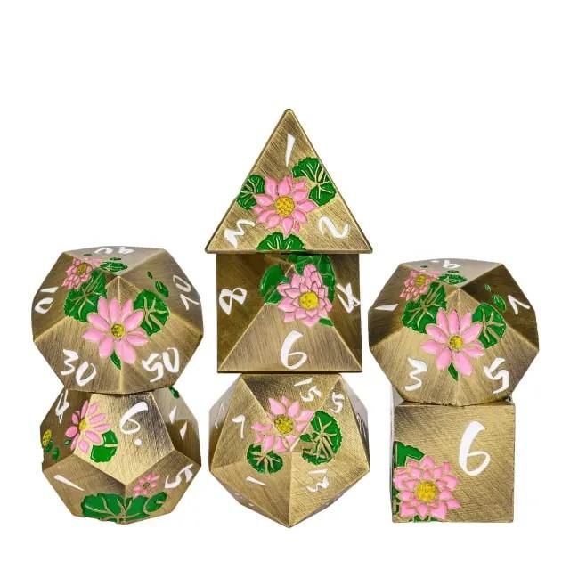 Pink Lotus Flower in Bronze Metal - 7pcs RPG Dice Set