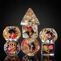 Pink Flowers in Clear Resin - 7pcs RPG Full Dice Set