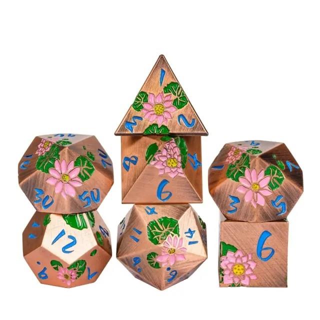 Pink Lotus Flower in Copper Metal - 7pcs RPG Dice Set