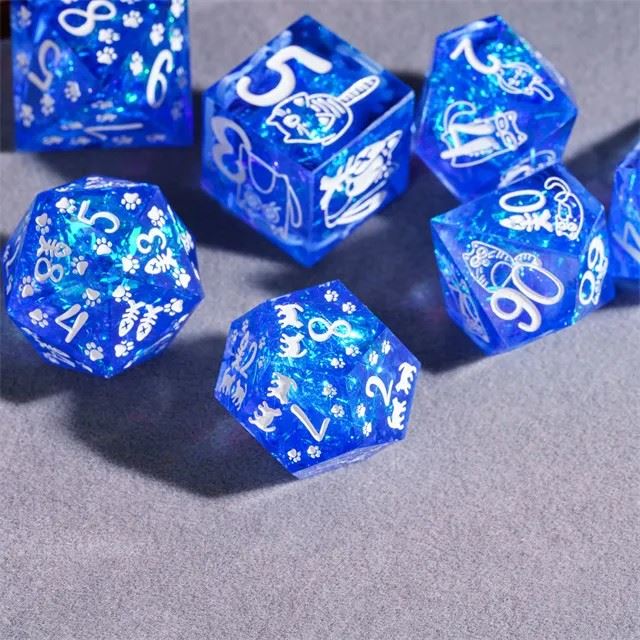 Cats on Blue with Candy Sharp Resin - 7pcs RPG Dice Set