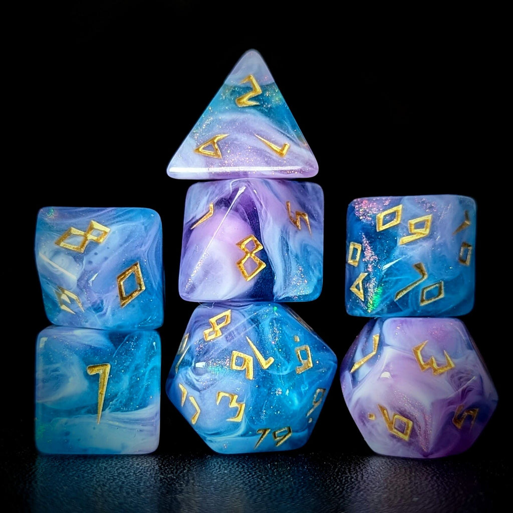 Glitter in Blue & Pink Acrylic - 7pcs RPG Full Dice Set