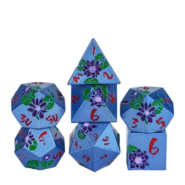 Purple Lotus Flower in Blue Metal - 7pcs RPG Dice Set