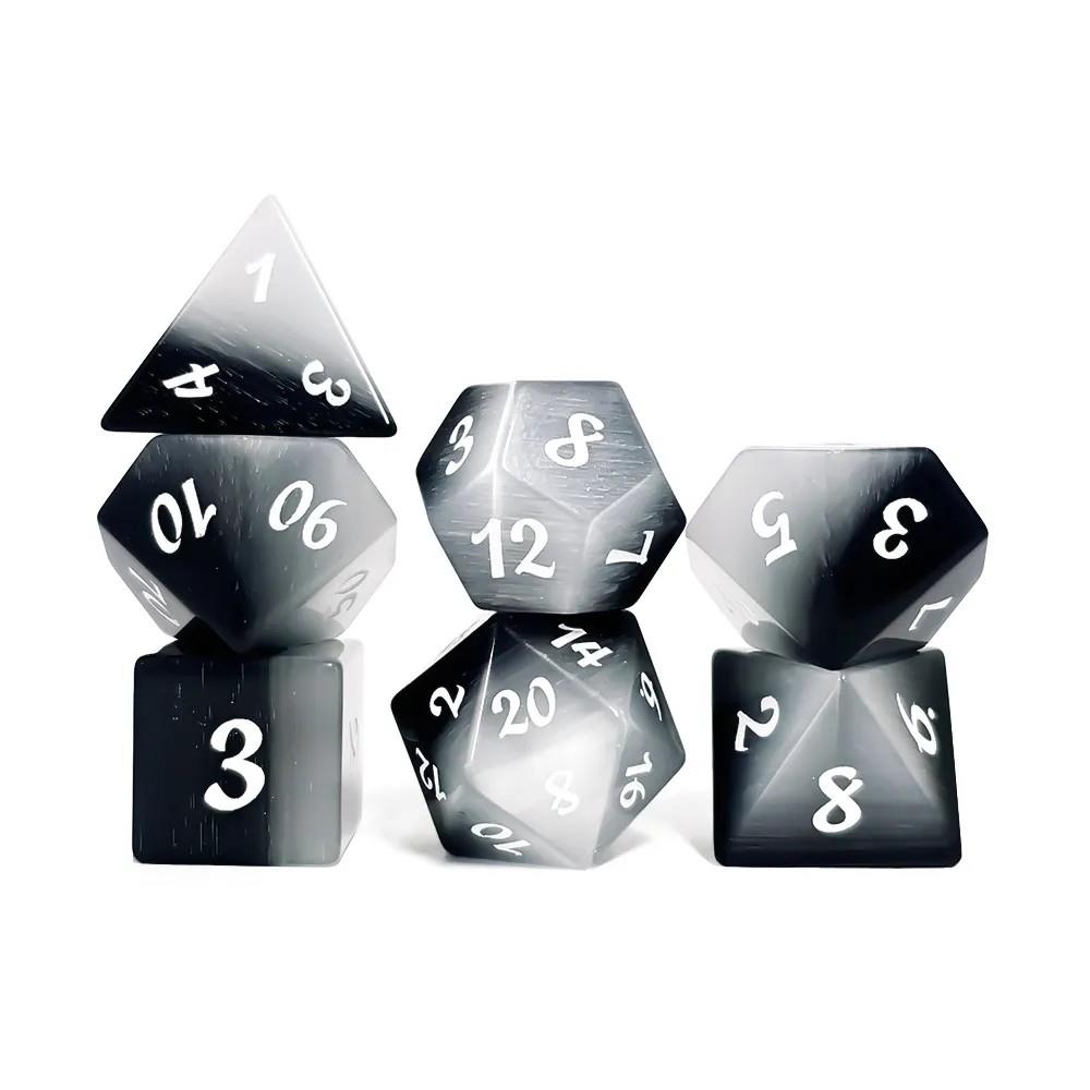 7pcs Dice Gem Stone Frosted Cat Eye White Font Black Grey