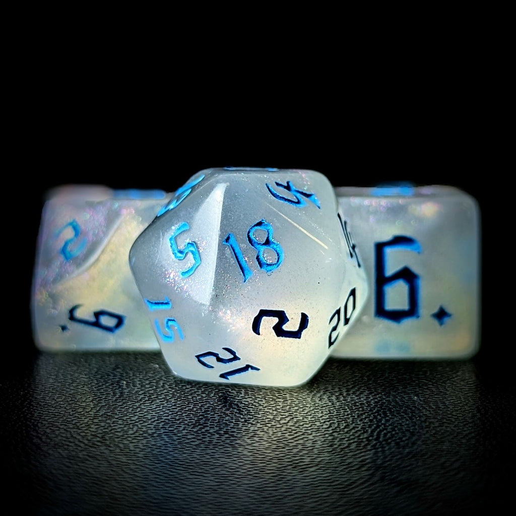Glitter in White Acrylic with Blue Font - 7pcs RPG Full Dice Set