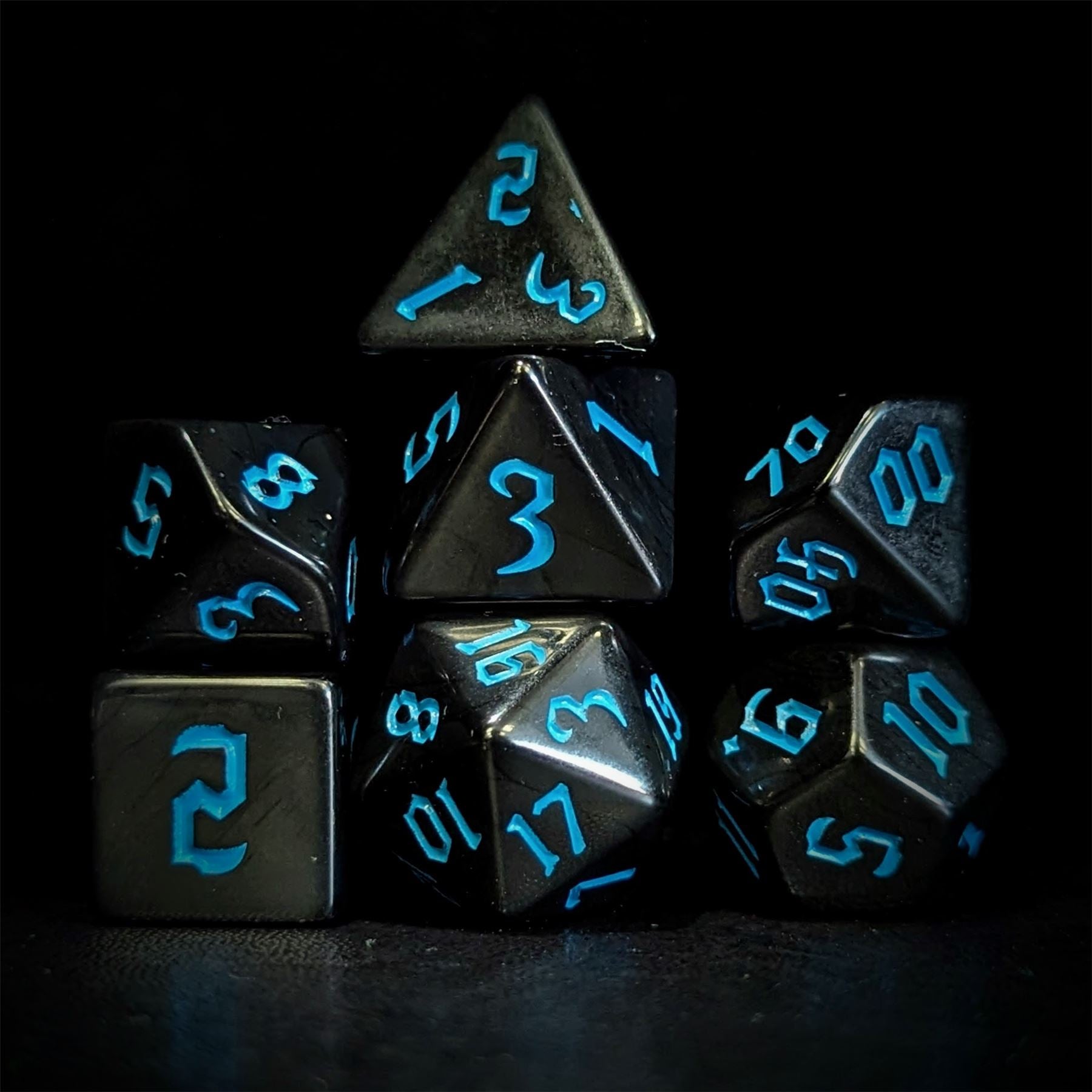 Blue on Solid Black Acrylic - 7pcs RPG Full Dice Set