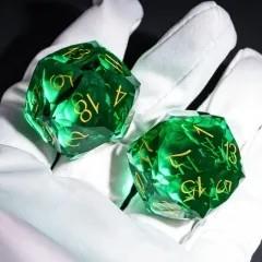 D20 30mm Dice Gem Glass Facet Gold Font Green