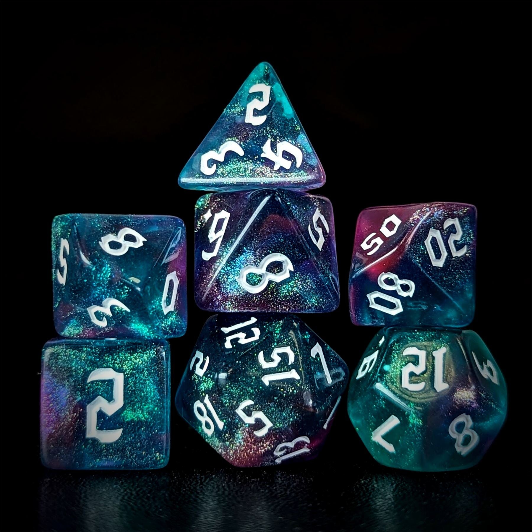 Glitter in Blue & Pink Acrylic - 7pcs RPG Full Dice Set