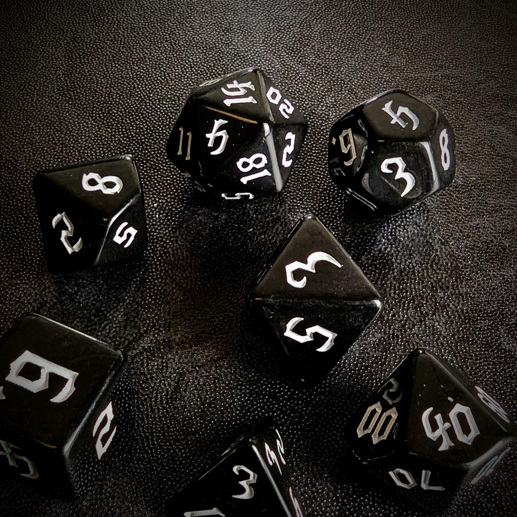 White on Solid Black Acrylic - 7pcs RPG Full Dice Set