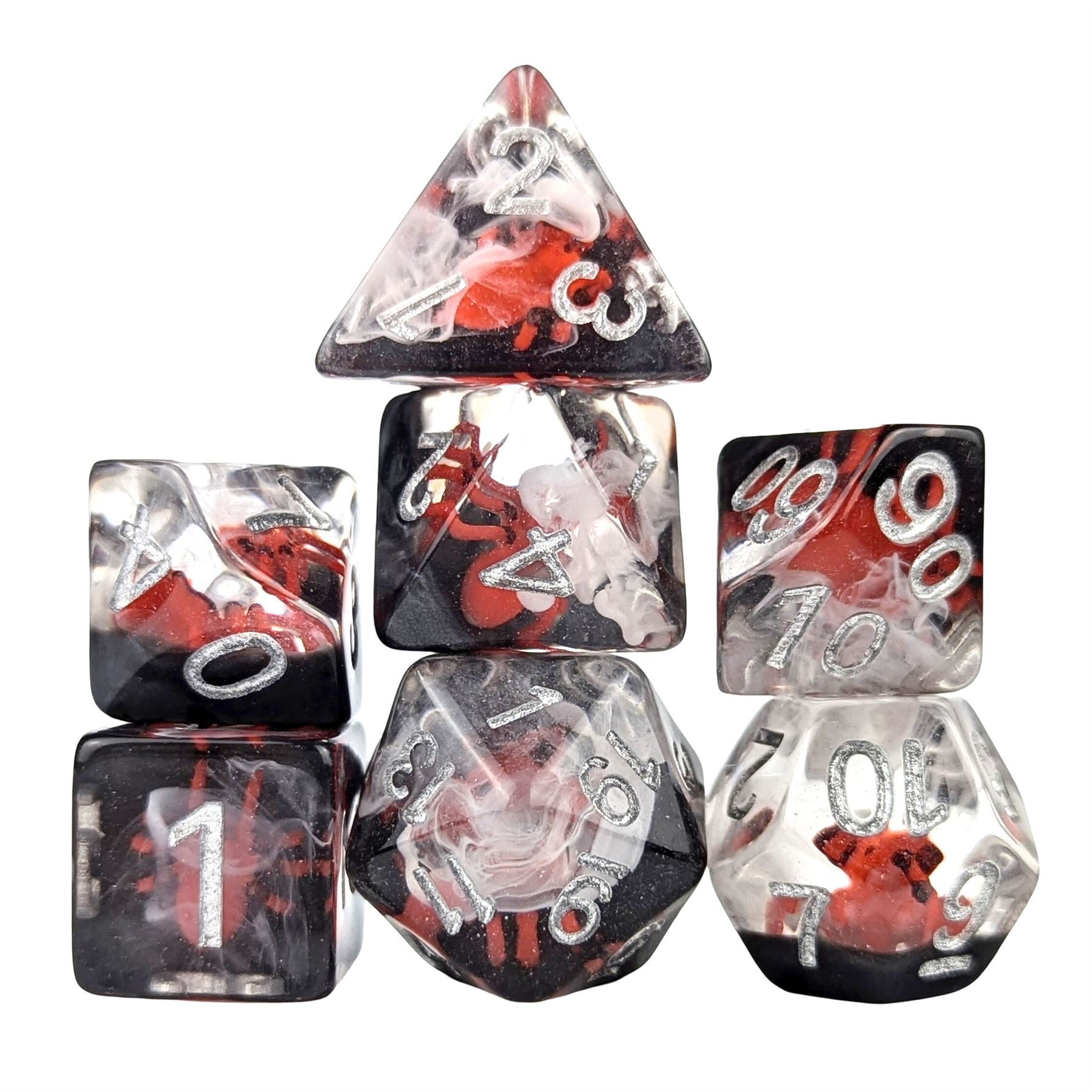 Red Spider in Clear & Black Resin - 7pcs RPG Full Dice Set