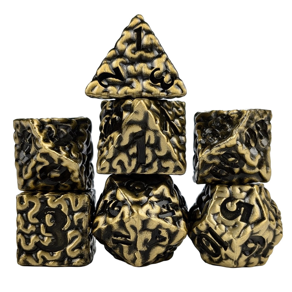 7pcs RPG Dice Set - Black Wash over Bronze Metal Brains