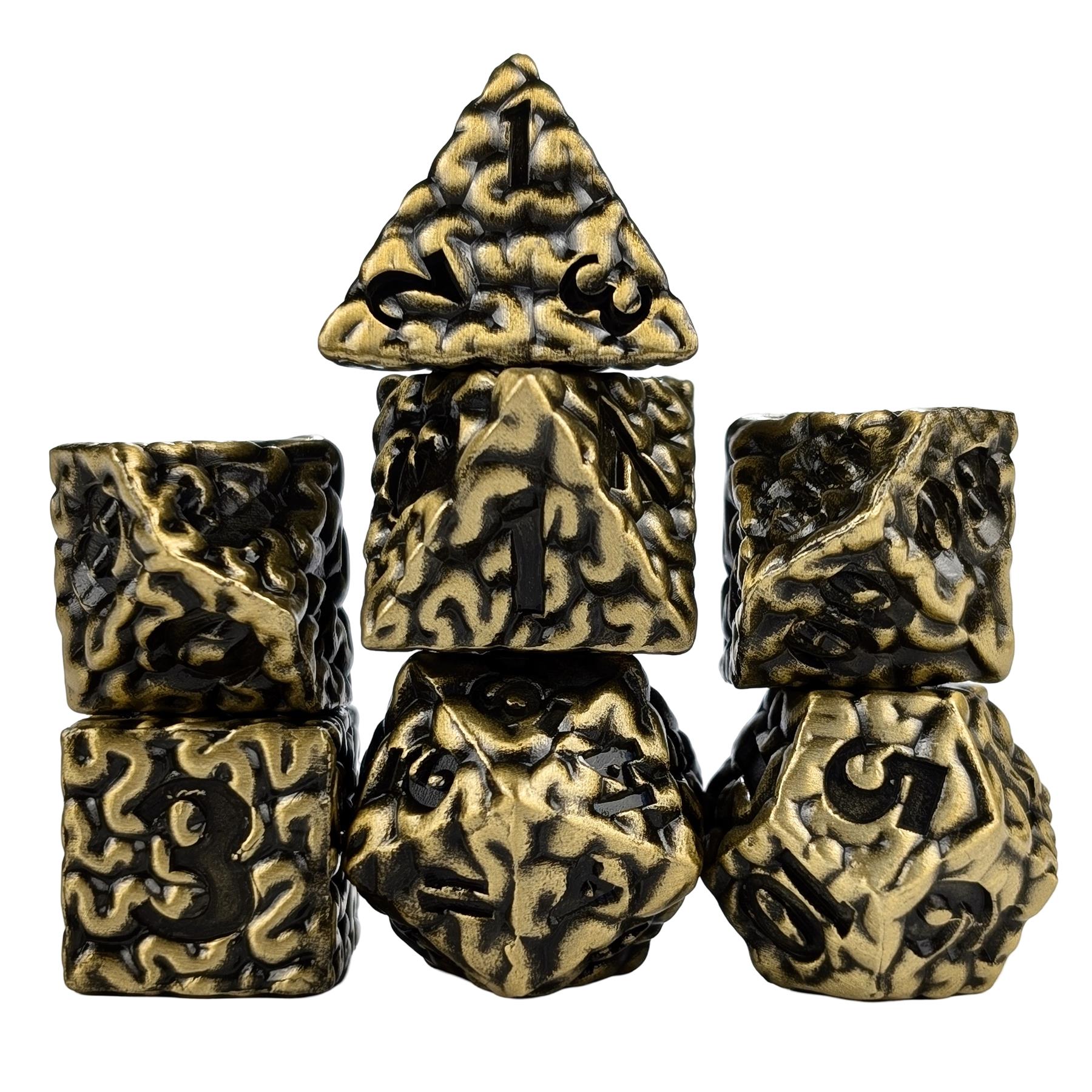 7pcs RPG Dice Set - Black Wash over Bronze Metal Brains