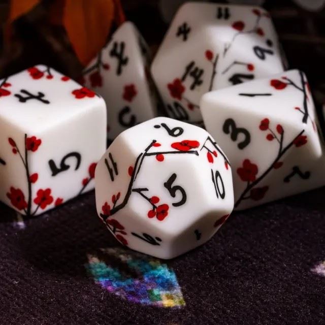 Handmande Red Flowers on White Resin -  7pcs RPG Dice Set