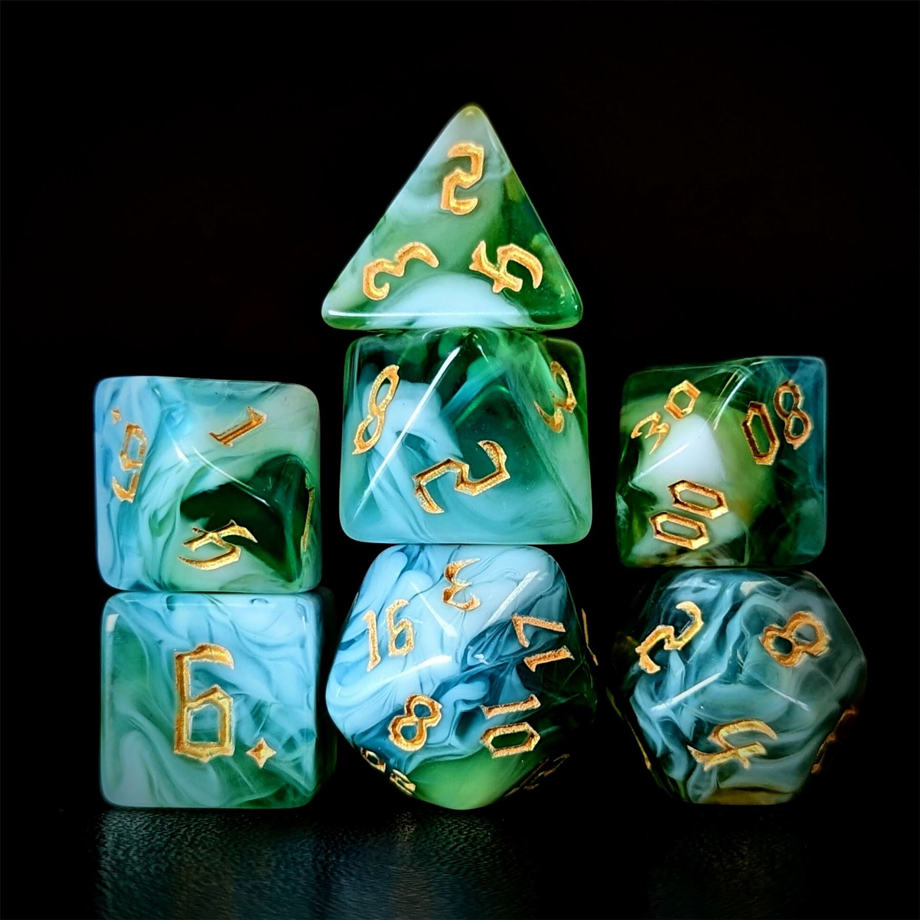 Blend of Green & Sky Blue Acrylic - 7pcs RPG Full Dice Set