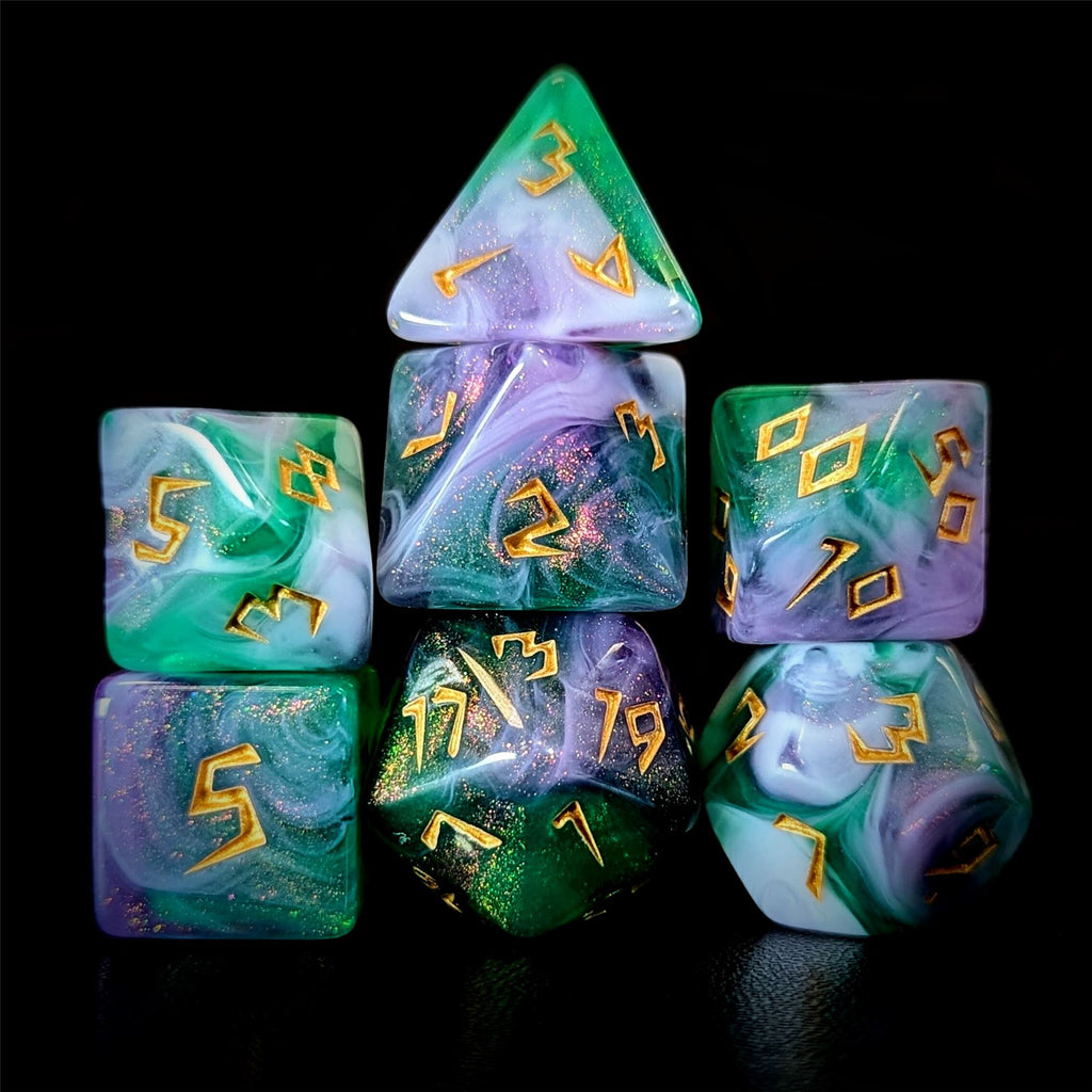 Glitter in Green & Purple Acrylic - 7pcs RPG Full Dice Set