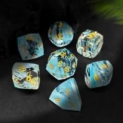 7pcs Dice Gem Glass Facet Ribbon Gold Font Clear Blue