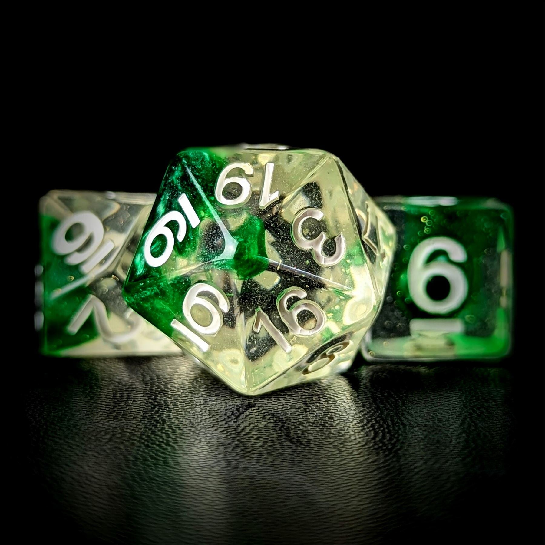 Green Swirl in Clear Resin - 7pcs RPG Full Dice Set
